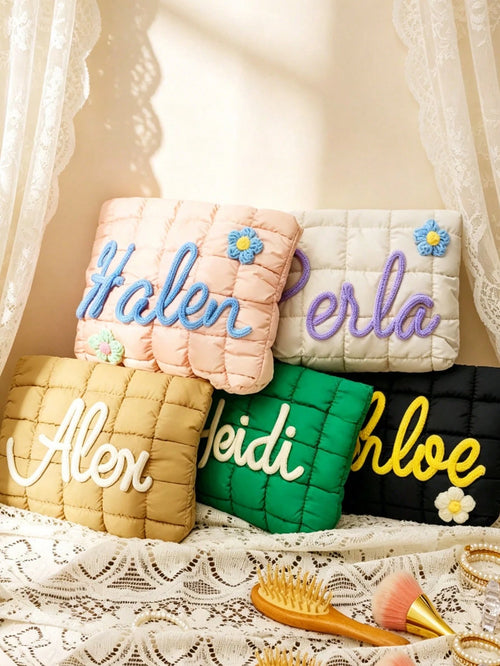 1pc Personalized Quilted Makeup Bag Customized Zipper Storage Pouch Bridesmaid Gift Travel Organizer Bag Wedding Gift For Her Pink Cute Cosmetic Bag