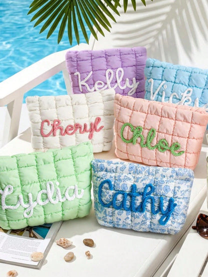 1pc Personalized Quilted Makeup Bag Customized Zipper Storage Pouch Bridesmaid Gift Travel Organizer Bag Wedding Gift For Her Pink Cute Cosmetic Bag