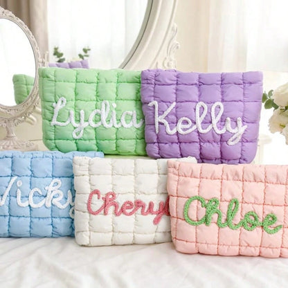 1pc Personalized Quilted Makeup Bag Customized Zipper Storage Pouch Bridesmaid Gift Travel Organizer Bag Wedding Gift For Her Pink Cute Cosmetic Bag