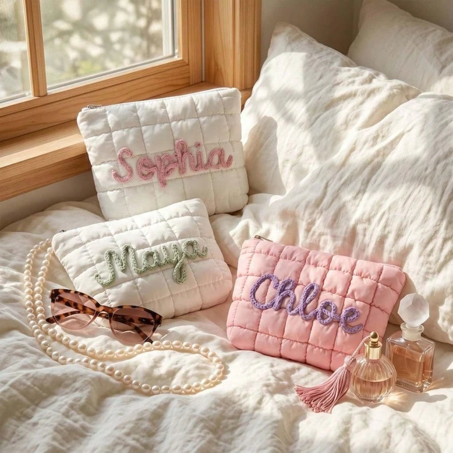1pc Personalized Quilted Makeup Bag Customized Zipper Storage Pouch Bridesmaid Gift Travel Organizer Bag Wedding Gift For Her Pink Cute Cosmetic Bag