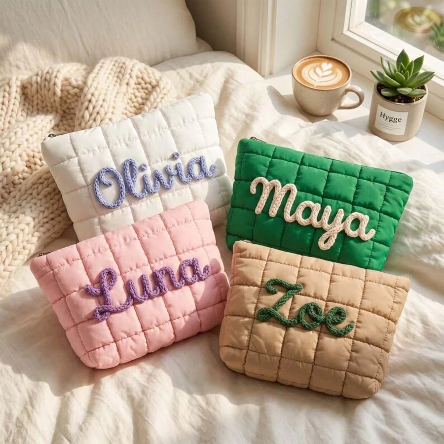 1pc Personalized Quilted Makeup Bag Customized Zipper Storage Pouch Bridesmaid Gift Travel Organizer Bag Wedding Gift For Her Pink Cute Cosmetic Bag