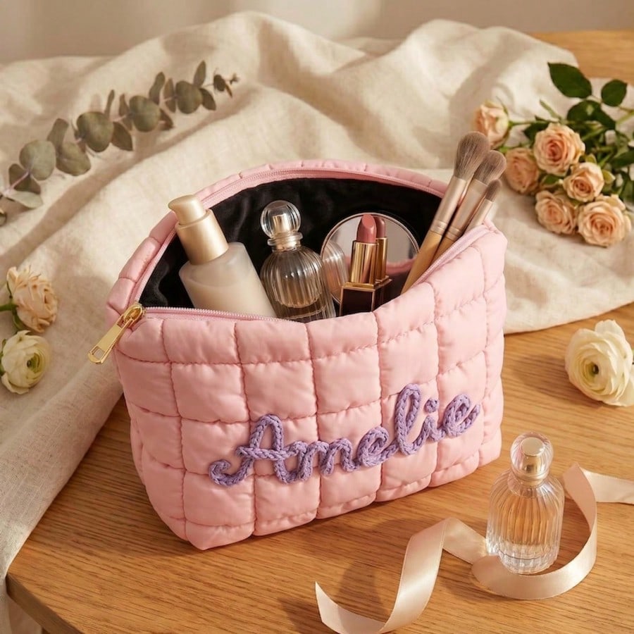 1pc Personalized Quilted Makeup Bag Customized Zipper Storage Pouch Bridesmaid Gift Travel Organizer Bag Wedding Gift For Her Pink Cute Cosmetic Bag