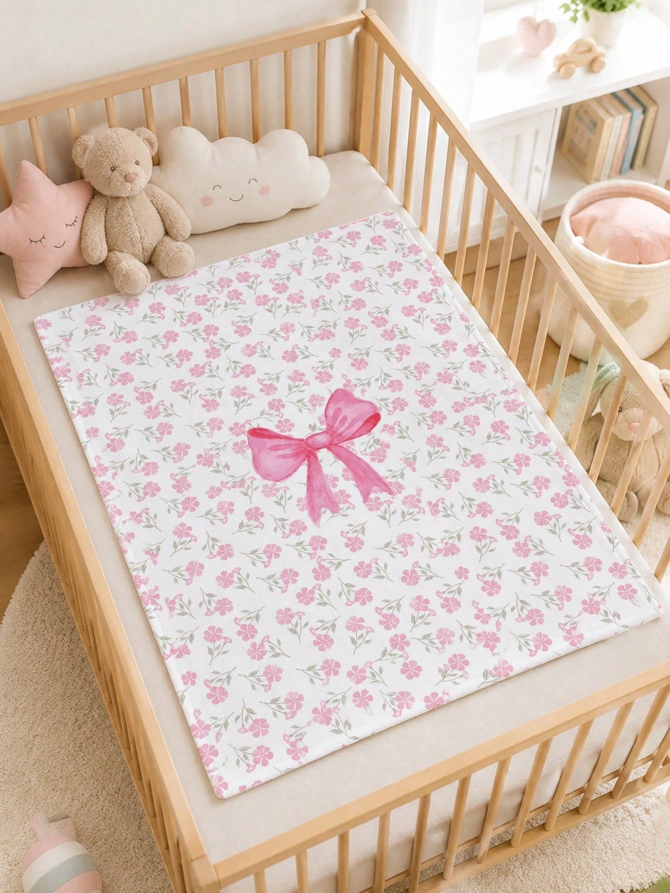 1pc Pink Bow & Floral Pattern Baby Flannel Blanket, Soft & Warm Nap Blanket, Suitable For Sofa, Office, Bed, Camping, Travel, Multi-Purpose Holiday, Birthday, Daily Gift Blanket