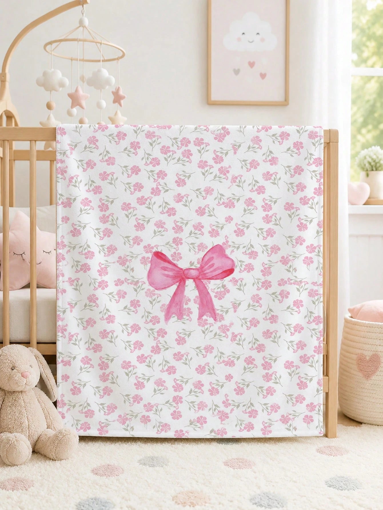 1pc Pink Bow & Floral Pattern Baby Flannel Blanket, Soft & Warm Nap Blanket, Suitable For Sofa, Office, Bed, Camping, Travel, Multi-Purpose Holiday, Birthday, Daily Gift Blanket