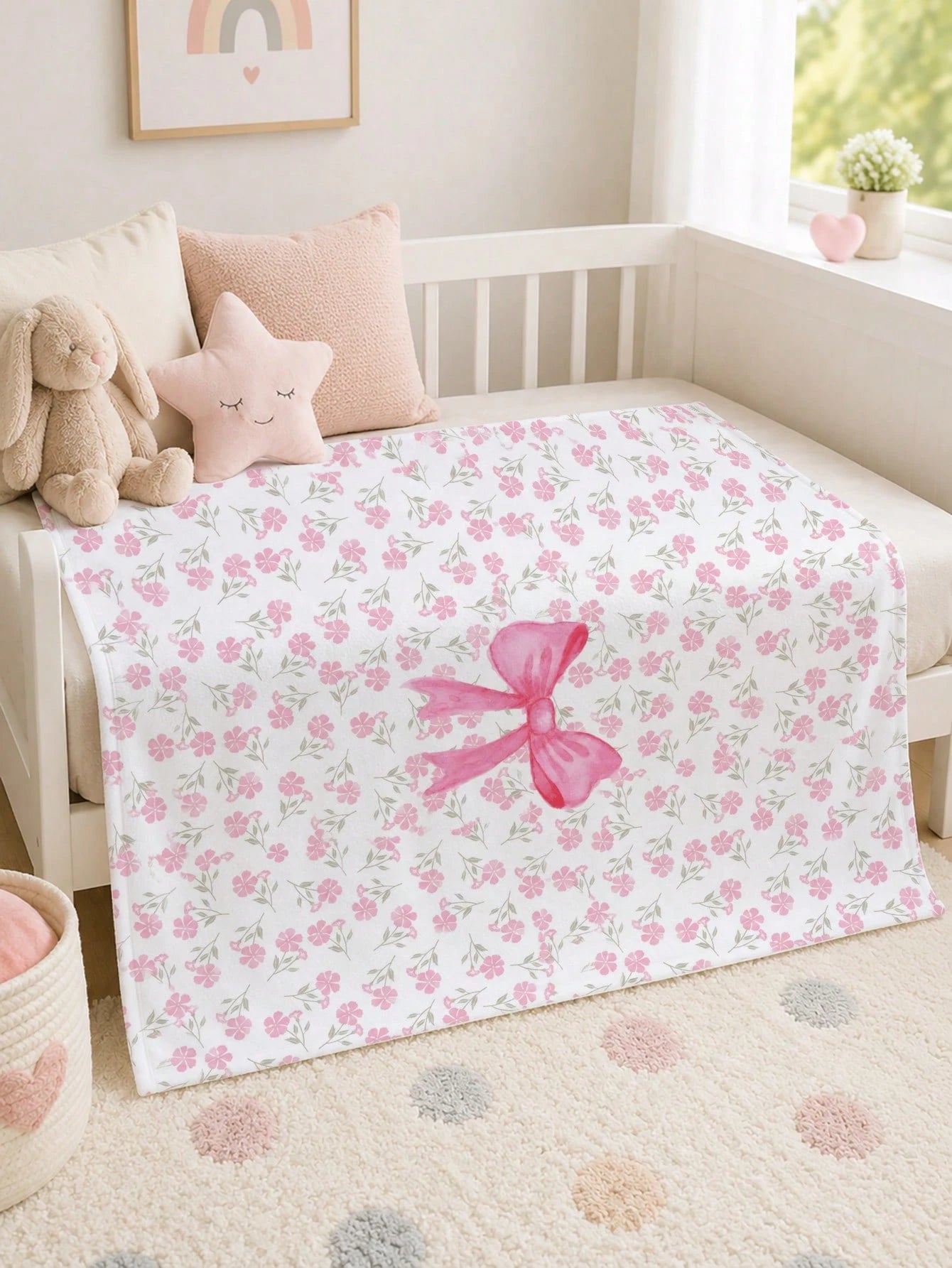 1pc Pink Bow & Floral Pattern Baby Flannel Blanket, Soft & Warm Nap Blanket, Suitable For Sofa, Office, Bed, Camping, Travel, Multi-Purpose Holiday, Birthday, Daily Gift Blanket