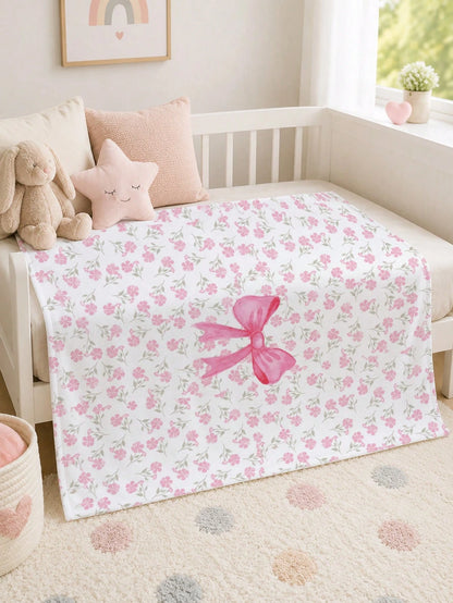 1pc Pink Bow & Floral Pattern Baby Flannel Blanket, Soft & Warm Nap Blanket, Suitable For Sofa, Office, Bed, Camping, Travel, Multi-Purpose Holiday, Birthday, Daily Gift Blanket