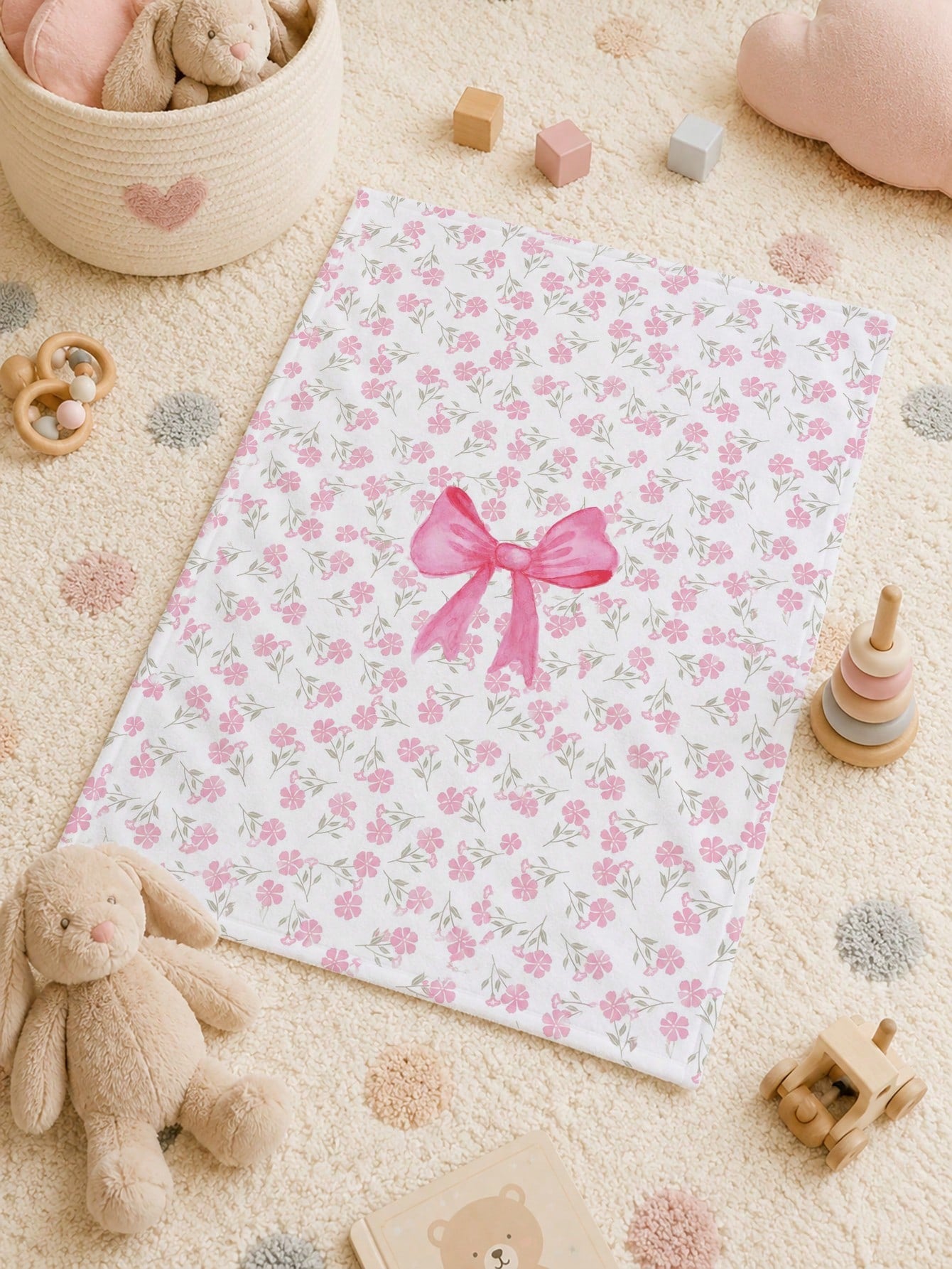 1pc Pink Bow & Floral Pattern Baby Flannel Blanket, Soft & Warm Nap Blanket, Suitable For Sofa, Office, Bed, Camping, Travel, Multi-Purpose Holiday, Birthday, Daily Gift Blanket