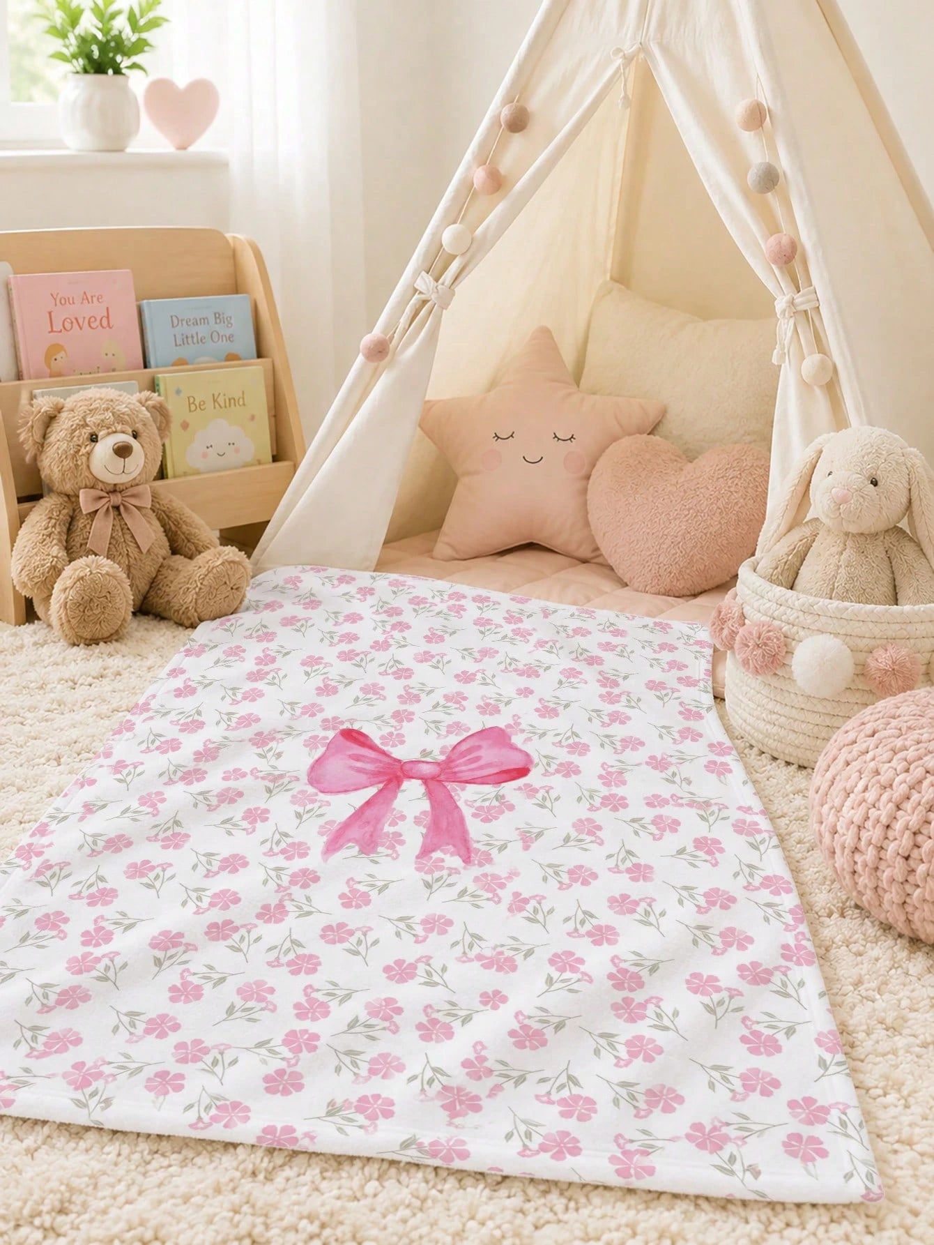 1pc Pink Bow & Floral Pattern Baby Flannel Blanket, Soft & Warm Nap Blanket, Suitable For Sofa, Office, Bed, Camping, Travel, Multi-Purpose Holiday, Birthday, Daily Gift Blanket