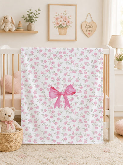 1pc Pink Bow & Floral Pattern Baby Flannel Blanket, Soft & Warm Nap Blanket, Suitable For Sofa, Office, Bed, Camping, Travel, Multi-Purpose Holiday, Birthday, Daily Gift Blanket