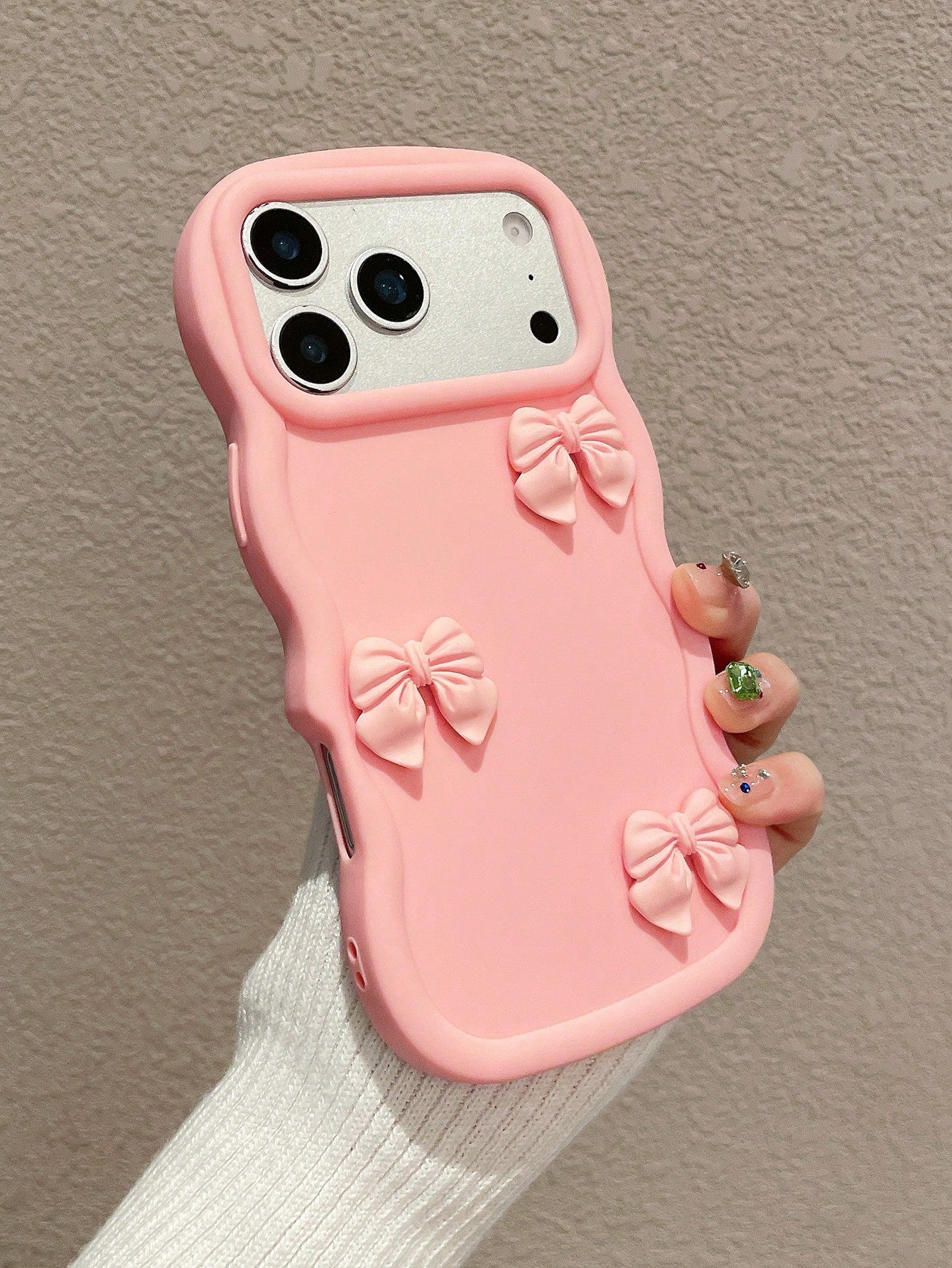 1pc Pink Wavy Large Frame 3D Bow Phone Case, Soft Girl 3D Handmade Bow Silicone Soft Shell, Large Open Camera Design, Ins Korean Sweet Style Full Coverage Anti-Drop Phone Cover, Soft Skin-Friendly Wav