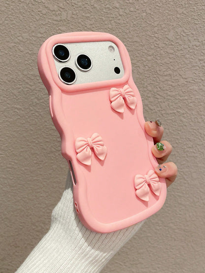 1pc Pink Wavy Large Frame 3D Bow Phone Case, Soft Girl 3D Handmade Bow Silicone Soft Shell, Large Open Camera Design, Ins Korean Sweet Style Full Coverage Anti-Drop Phone Cover, Soft Skin-Friendly Wav