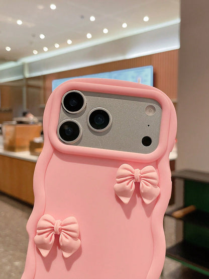 1pc Pink Wavy Large Frame 3D Bow Phone Case, Soft Girl 3D Handmade Bow Silicone Soft Shell, Large Open Camera Design, Ins Korean Sweet Style Full Coverage Anti-Drop Phone Cover, Soft Skin-Friendly Wav