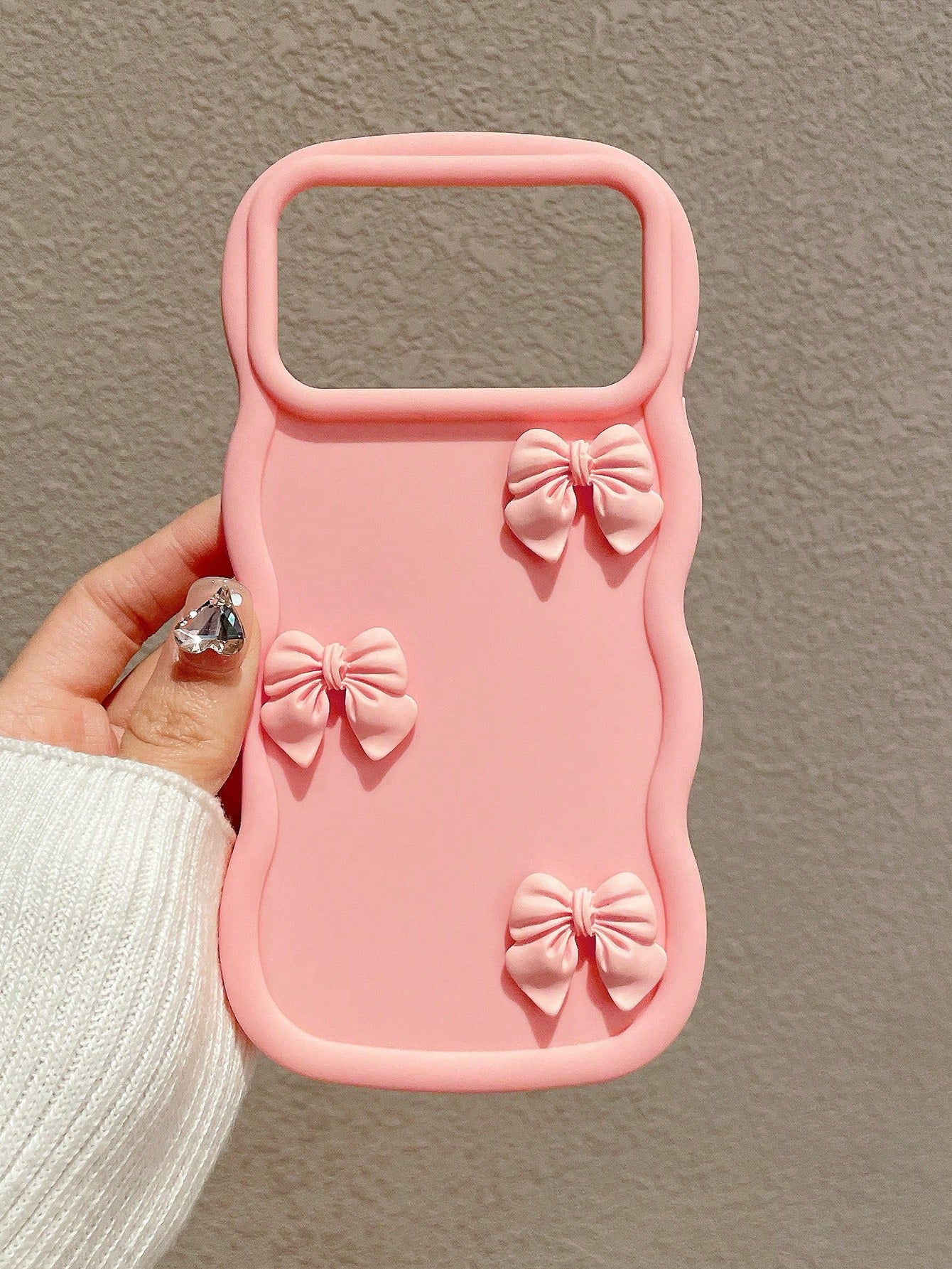 1pc Pink Wavy Large Frame 3D Bow Phone Case, Soft Girl 3D Handmade Bow Silicone Soft Shell, Large Open Camera Design, Ins Korean Sweet Style Full Coverage Anti-Drop Phone Cover, Soft Skin-Friendly Wav