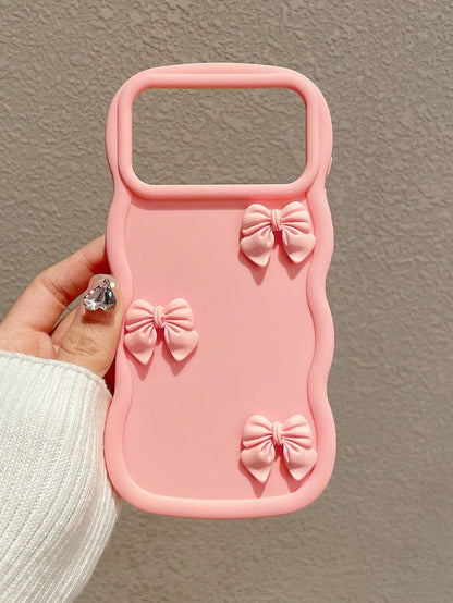 1pc Pink Wavy Large Frame 3D Bow Phone Case, Soft Girl 3D Handmade Bow Silicone Soft Shell, Large Open Camera Design, Ins Korean Sweet Style Full Coverage Anti-Drop Phone Cover, Soft Skin-Friendly Wav
