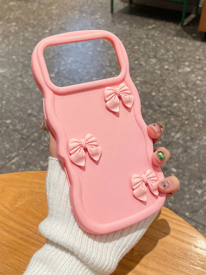 1pc Pink Wavy Large Frame 3D Bow Phone Case, Soft Girl 3D Handmade Bow Silicone Soft Shell, Large Open Camera Design, Ins Korean Sweet Style Full Coverage Anti-Drop Phone Cover, Soft Skin-Friendly Wav