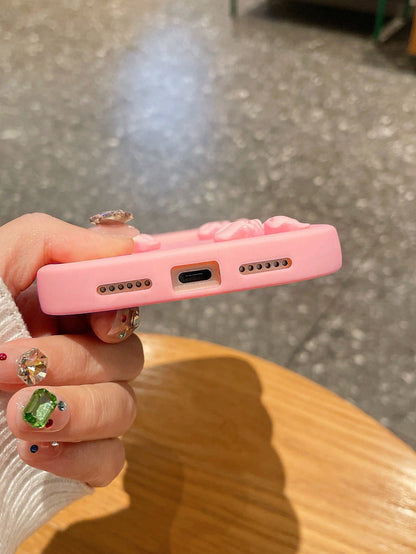 1pc Pink Wavy Large Frame 3D Bow Phone Case, Soft Girl 3D Handmade Bow Silicone Soft Shell, Large Open Camera Design, Ins Korean Sweet Style Full Coverage Anti-Drop Phone Cover, Soft Skin-Friendly Wav