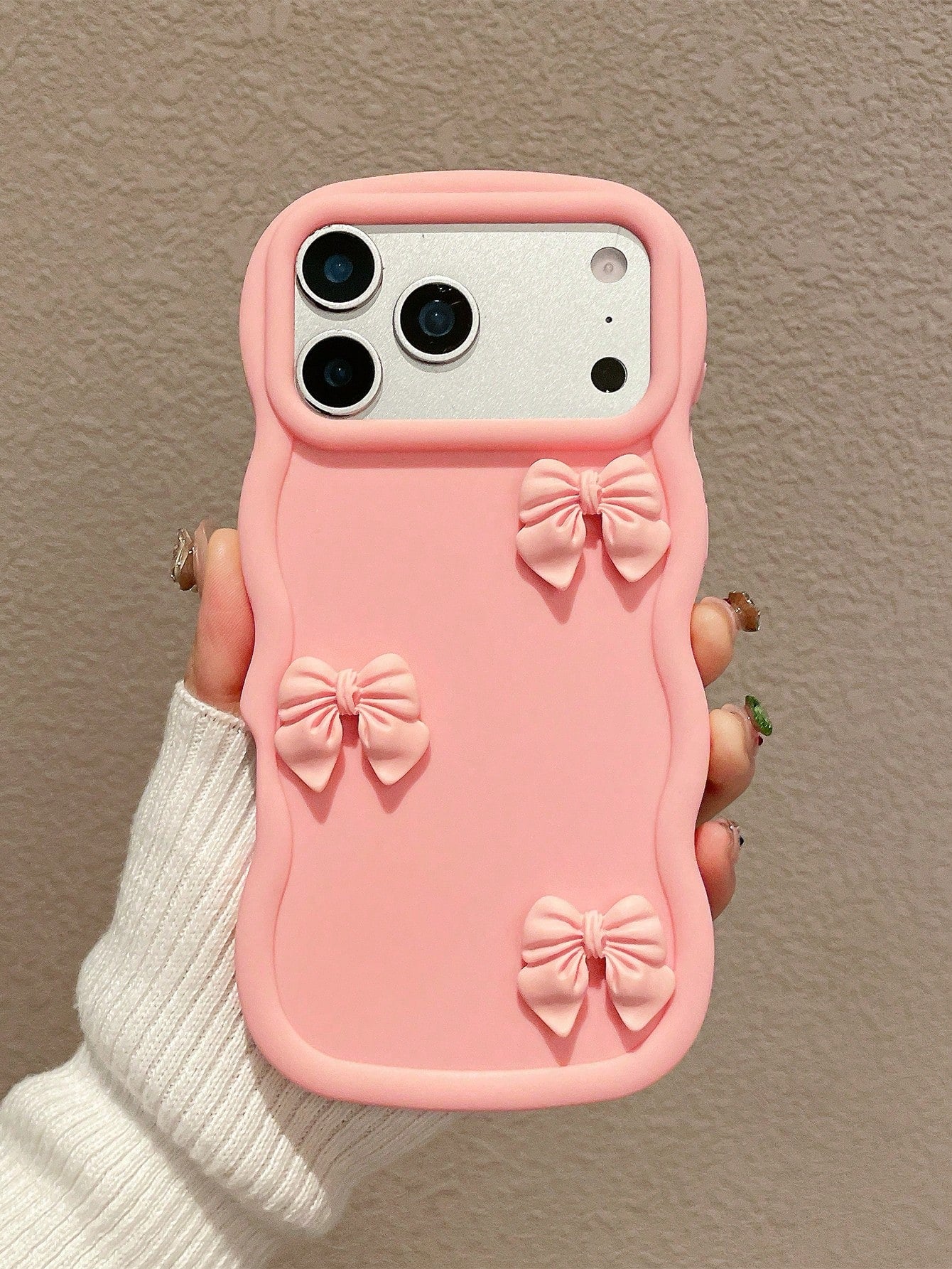 1pc Pink Wavy Large Frame 3D Bow Phone Case, Soft Girl 3D Handmade Bow Silicone Soft Shell, Large Open Camera Design, Ins Korean Sweet Style Full Coverage Anti-Drop Phone Cover, Soft Skin-Friendly Wav