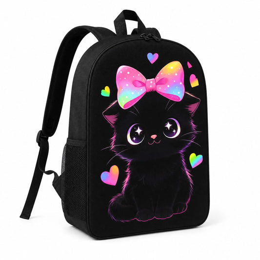 1pc Polyester Backpack, Cute Black Cat Bow And Heart Graphic, Durable Large-Capacity Bookpack With Adjustable Straps And Zipper Compartments For Commuting, Travel And Outdoor Use
