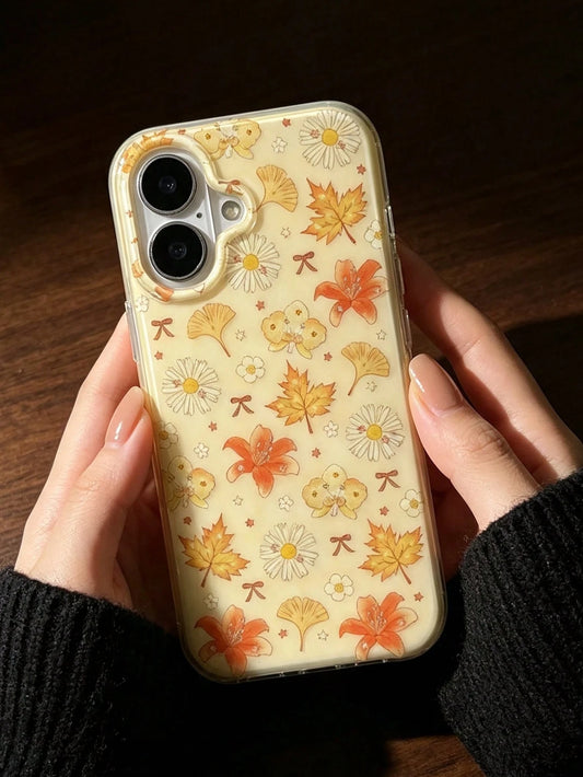 1pc Precise Lens Cutout Transparent Edge Phone Case Autumn Botanical Floral Leaf Pattern Anti-Scratch Full Wrap Protective Shell Gentle Ins Style Daily Cellphone Case Compatible With IPhone 11 12 13 1