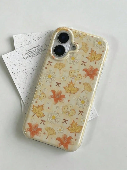 1pc Precise Lens Cutout Transparent Edge Phone Case Autumn Botanical Floral Leaf Pattern Anti-Scratch Full Wrap Protective Shell Gentle Ins Style Daily Cellphone Case Compatible With IPhone 11 12 13 1