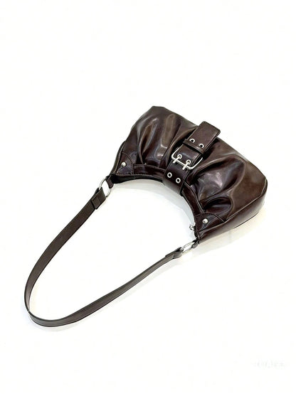 1pc PU Y2K Women's Vintage Maillard Wasteland Style Soft Distressed Rubbed Leather Motorcycle Bag With Rivet Buckle Decor, Pleated Cloud Design, Shoulder Underarm Bag, Baguette Bag, Square Bag, Suitab