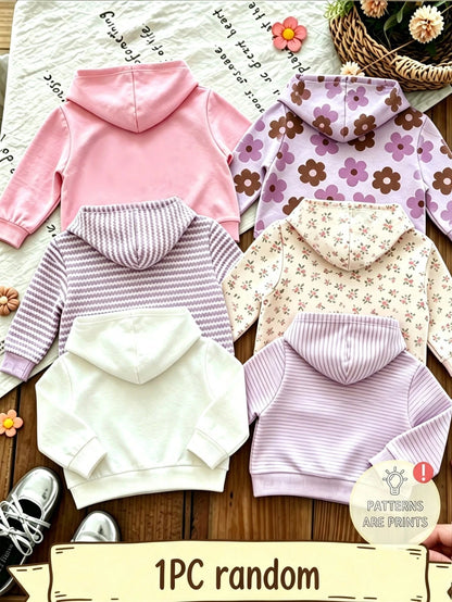 1pc Random, Baby Girl Hooded Sweatshirt, Pink Sweet Bow Pullover Sweatshirt, Floral Pattern Hooded Sweatshirt, Striped Long Sleeve Sweatshirt, Spring/Autumn Casual Top Suitable For Girls And Inf