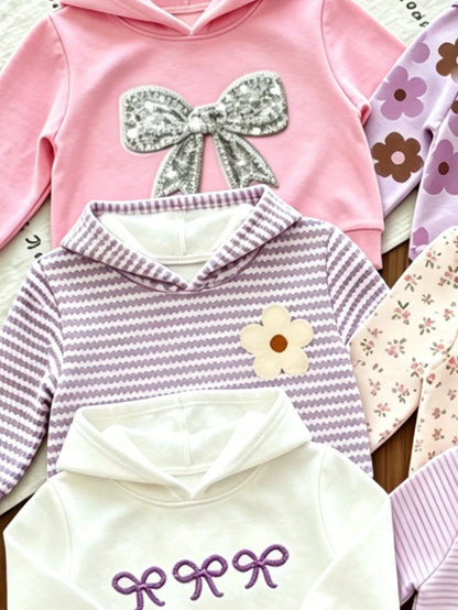 1pc Random, Baby Girl Hooded Sweatshirt, Pink Sweet Bow Pullover Sweatshirt, Floral Pattern Hooded Sweatshirt, Striped Long Sleeve Sweatshirt, Spring/Autumn Casual Top Suitable For Girls And Inf