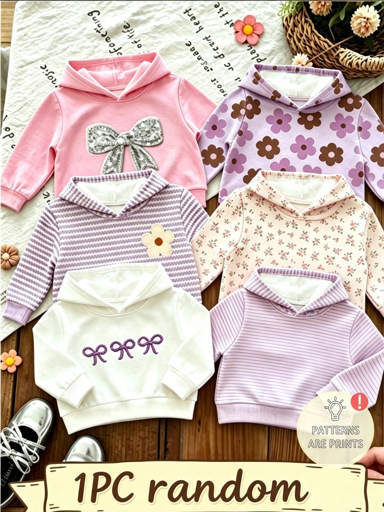 1pc Random, Baby Girl Hooded Sweatshirt, Pink Sweet Bow Pullover Sweatshirt, Floral Pattern Hooded Sweatshirt, Striped Long Sleeve Sweatshirt, Spring/Autumn Casual Top Suitable For Girls And Inf