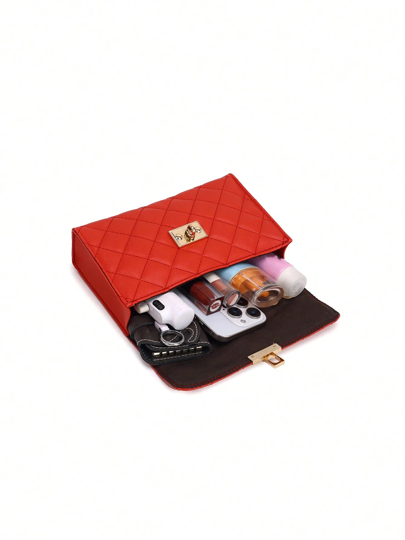 1pc Red Women's Square Bag, Fashion Rhombus Chain Strap Shoulder Bag, Lightweight Chain Crossbody Quilted Flap Bag