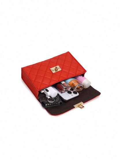 1pc Red Women's Square Bag, Fashion Rhombus Chain Strap Shoulder Bag, Lightweight Chain Crossbody Quilted Flap Bag