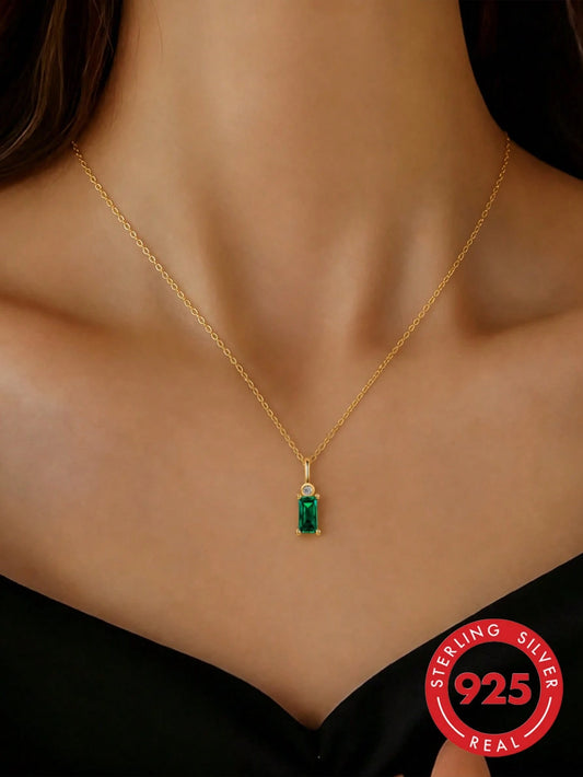 1pc S925 Sterling Silver Emerald Green Zirconia Rectangular Pendant Necklace, Minimalist Luxury Niche Exquisite Design, Elegant Elegant High-End Sophisticated Collarbone Chain, Women's Daily Vacation