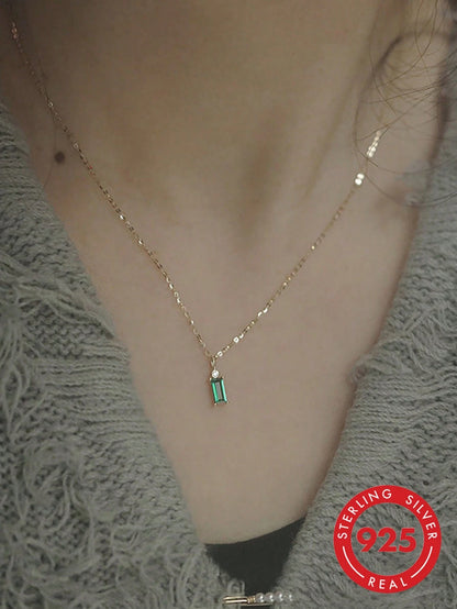 1pc S925 Sterling Silver Emerald Green Zirconia Rectangular Pendant Necklace, Minimalist Luxury Niche Exquisite Design, Elegant Elegant High-End Sophisticated Collarbone Chain, Women's Daily Vacation
