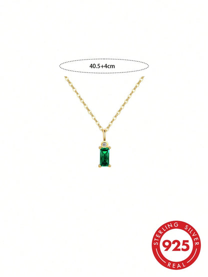 1pc S925 Sterling Silver Emerald Green Zirconia Rectangular Pendant Necklace, Minimalist Luxury Niche Exquisite Design, Elegant Elegant High-End Sophisticated Collarbone Chain, Women's Daily Vacation