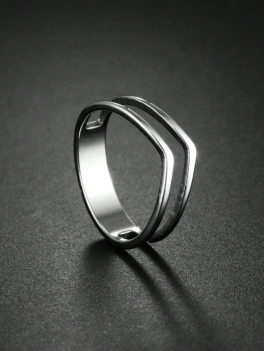 1pc Silver Stainless Steel Dual Layer V-Shaped Men's Ring