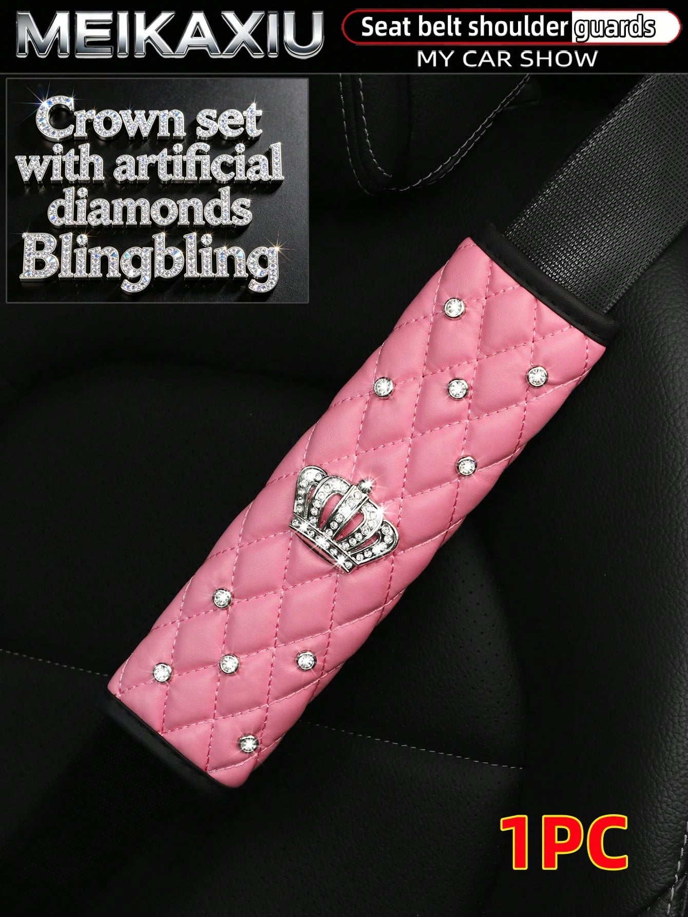 1pc Soft PU Faux Sheepskin Crown Decorated With Artificial Diamonds Blingbling Car Shoulder Pad For Seatbelt Length 9.05 Inches, Automotive,Car Accessories Women,Pink Car Stuff