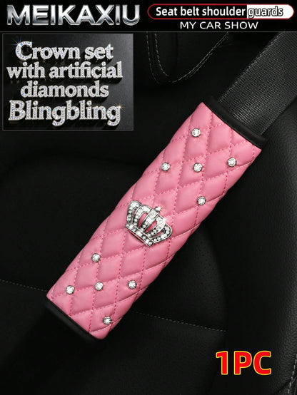 1pc Soft PU Faux Sheepskin Crown Decorated With Artificial Diamonds Blingbling Car Shoulder Pad For Seatbelt Length 9.05 Inches, Automotive,Car Accessories Women,Pink Car Stuff