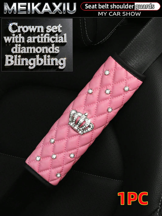 1pc Soft PU Faux Sheepskin Crown Decorated With Artificial Diamonds Blingbling Car Shoulder Pad For Seatbelt Length 9.05 Inches, Automotive,Car Accessories Women,Pink Car Stuff