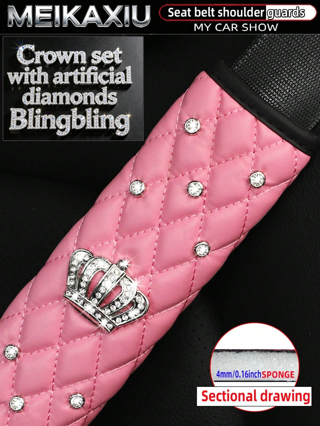 1pc Soft PU Faux Sheepskin Crown Decorated With Artificial Diamonds Blingbling Car Shoulder Pad For Seatbelt Length 9.05 Inches, Automotive,Car Accessories Women,Pink Car Stuff