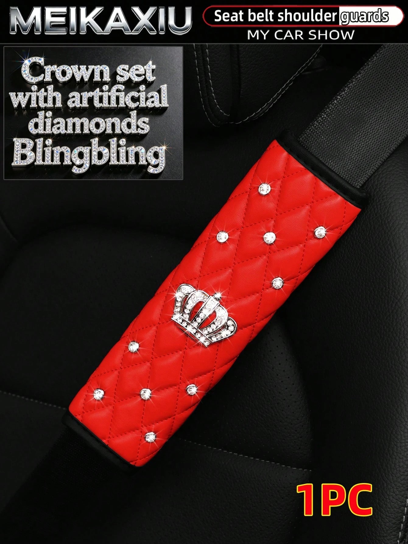 1pc Soft PU Faux Sheepskin Crown Decorated With Artificial Diamonds Blingbling Car Shoulder Pad For Seatbelt Length 9.05 Inches, Automotive,Car Accessories Women,Pink Car Stuff