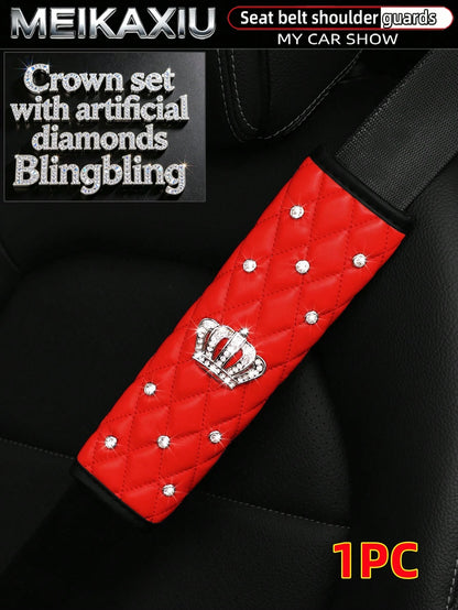 1pc Soft PU Faux Sheepskin Crown Decorated With Artificial Diamonds Blingbling Car Shoulder Pad For Seatbelt Length 9.05 Inches, Automotive,Car Accessories Women,Pink Car Stuff