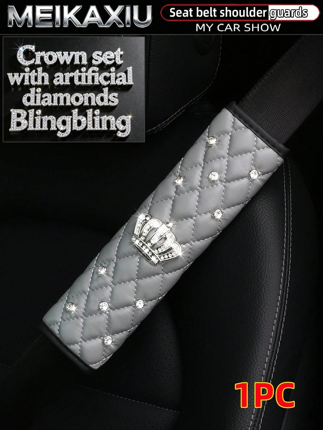 1pc Soft PU Faux Sheepskin Crown Decorated With Artificial Diamonds Blingbling Car Shoulder Pad For Seatbelt Length 9.05 Inches, Automotive,Car Accessories Women,Pink Car Stuff