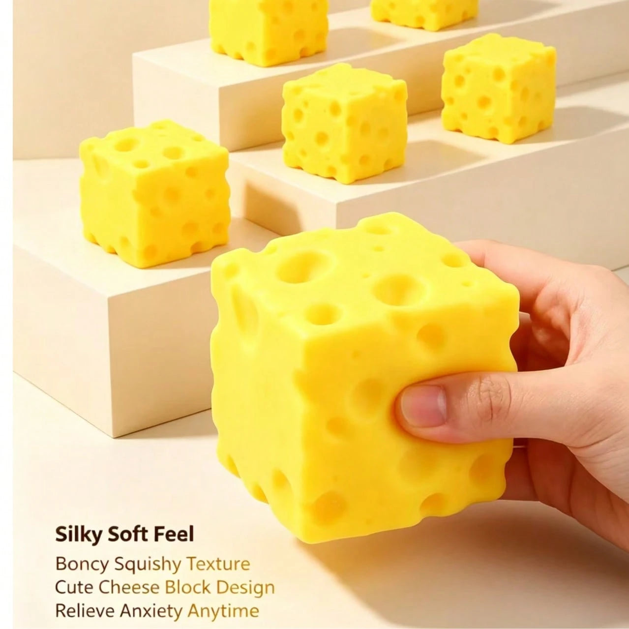 1pc Soft & Squishy Cheese Cube Figurine Stationery Decor, Stress Relief Squeeze Toy For Men, Women & Teens, 3D Hollow Texture Pattern, Multi-Color, Realistic Cheese Details, PU Slow Rebound Material