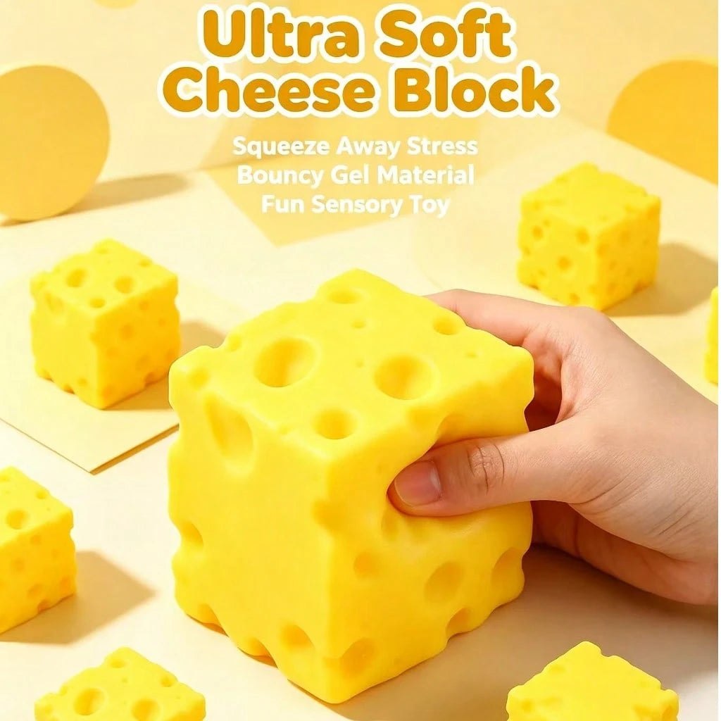 1pc Soft & Squishy Cheese Cube Figurine Stationery Decor, Stress Relief Squeeze Toy For Men, Women & Teens, 3D Hollow Texture Pattern, Multi-Color, Realistic Cheese Details, PU Slow Rebound Material