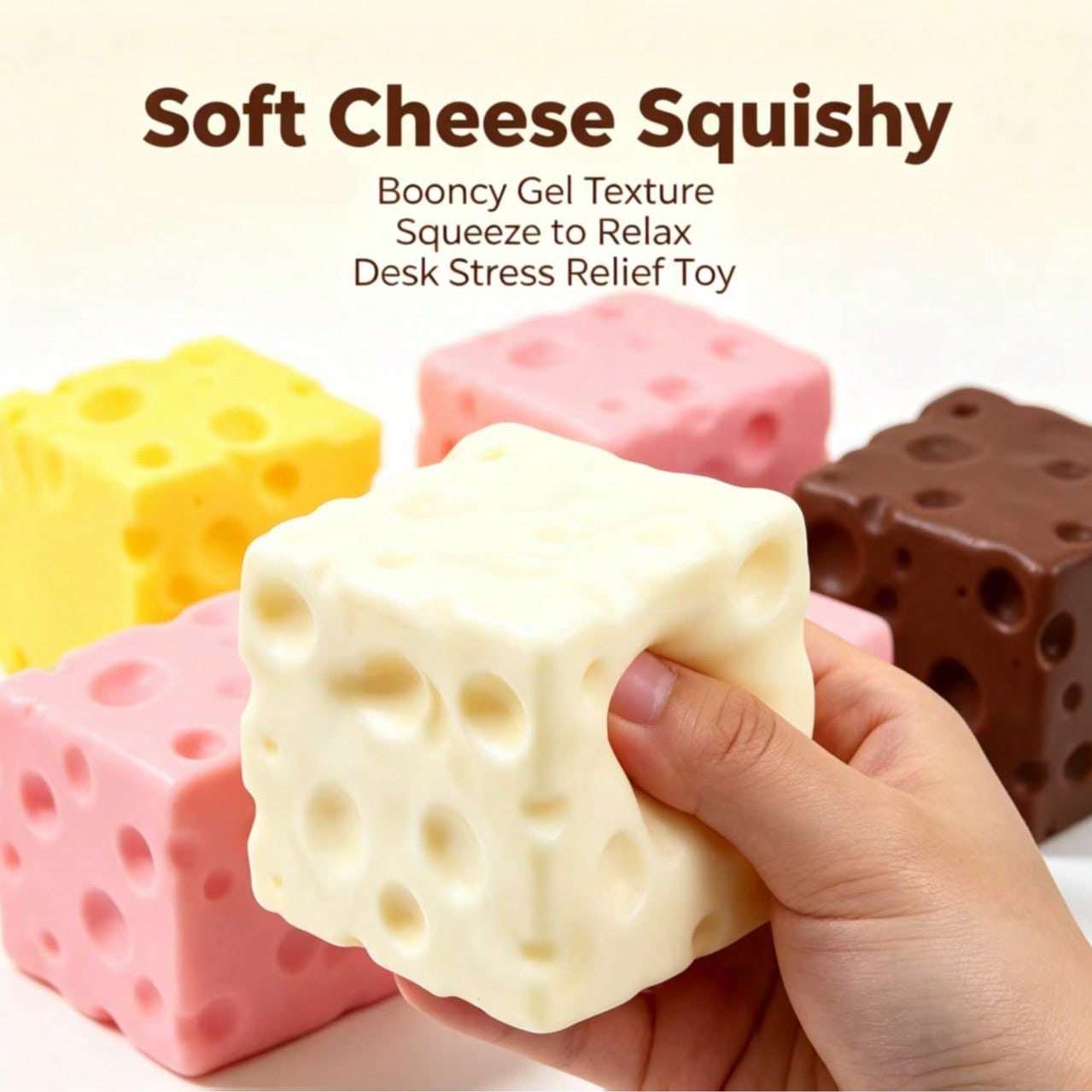 1pc Soft & Squishy Cheese Cube Figurine Stationery Decor, Stress Relief Squeeze Toy For Men, Women & Teens, 3D Hollow Texture Pattern, Multi-Color, Realistic Cheese Details, PU Slow Rebound Material