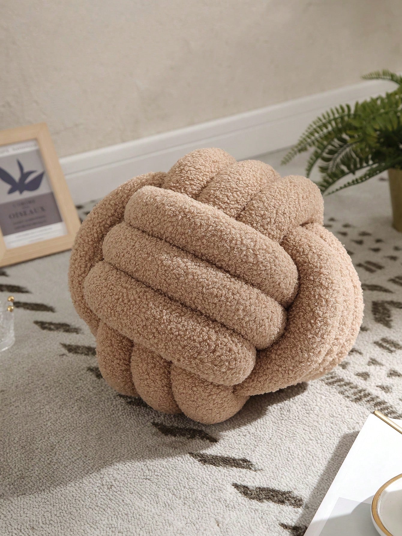 1pc Solid Color Versatile 3-Strand Hand-Woven Ball, Decorative Throw Pillow, Sofa Coffee Table Decor Ornament, Bedroom Bedside Decorative Pillow, Khaki