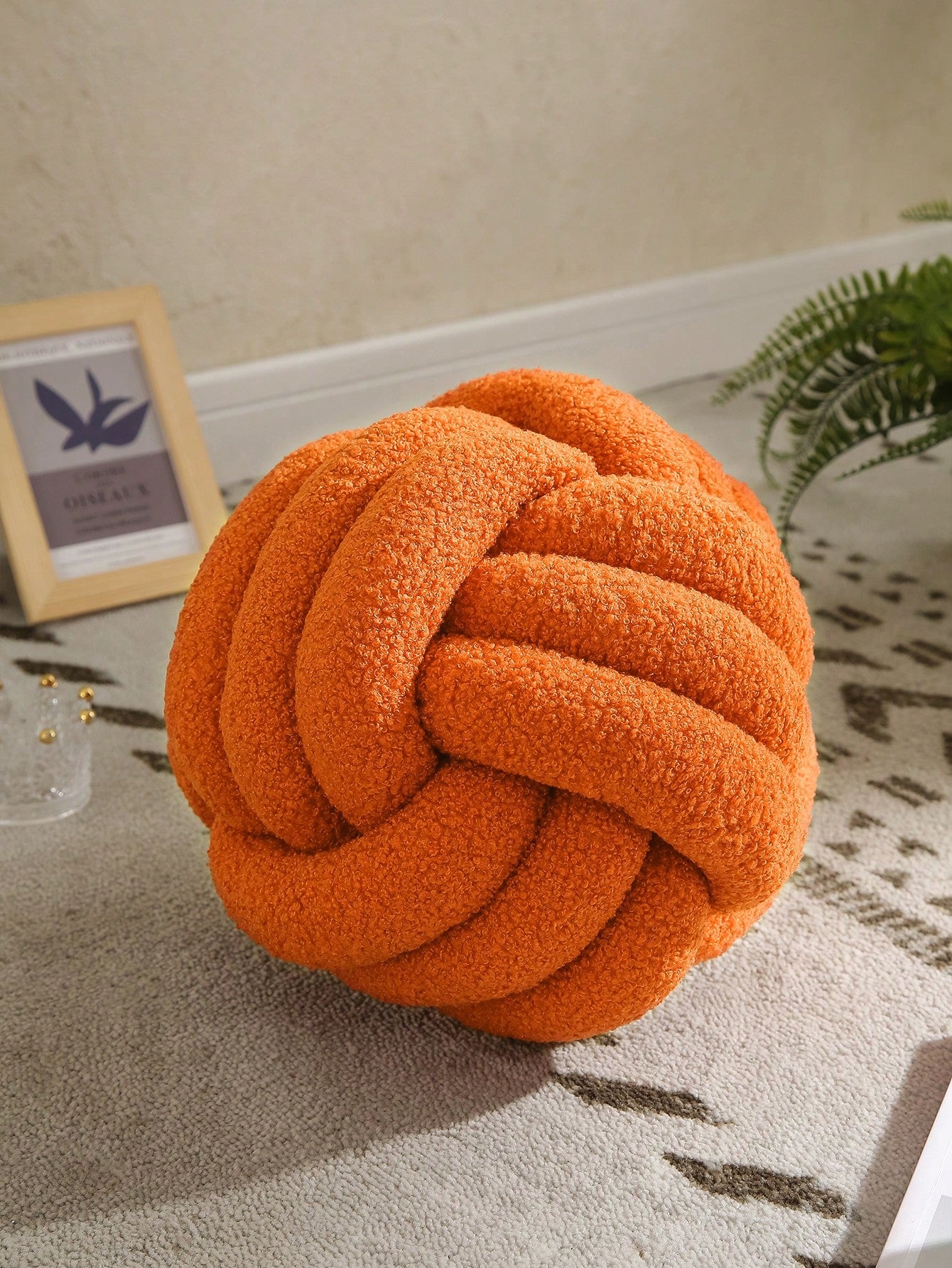1pc Solid Color Versatile Three-Strand Hand-Woven Ball, Decorative Pillow, Sofa Coffee Table Decor Ornament, Bedroom Bedside Decorative Pillow, Vibrant Orange