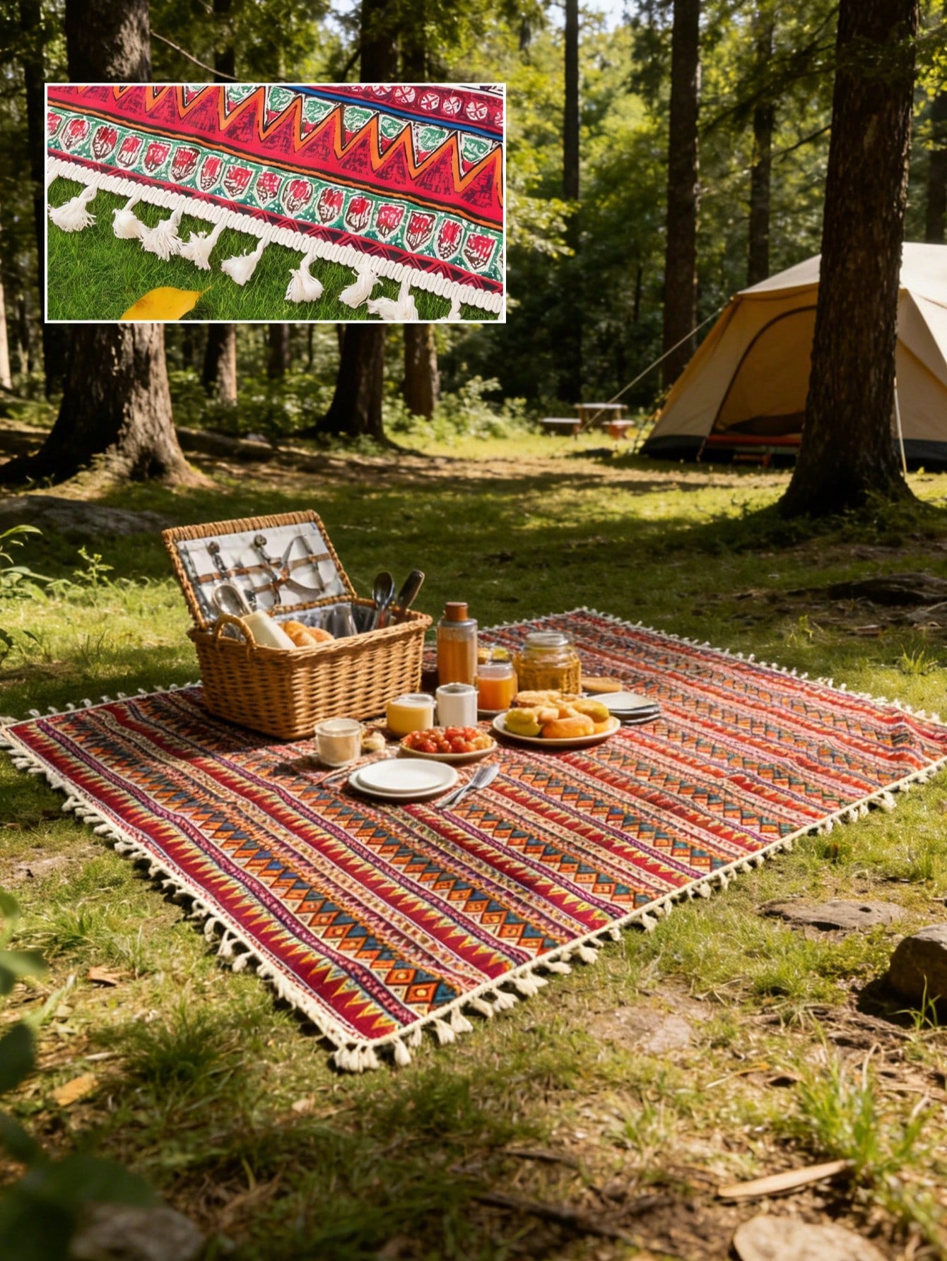 1pc Spring Blue Floral Tassel Camping Blanket- Comfortable Fabric, Charming Floral Pattern With Tassel Trim. Suitable For Beach Trips, Camping Adventures, Travel Journeys, Park Picnics, Backyard Gath