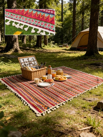 1pc Spring Blue Floral Tassel Camping Blanket- Comfortable Fabric, Charming Floral Pattern With Tassel Trim. Suitable For Beach Trips, Camping Adventures, Travel Journeys, Park Picnics, Backyard Gath