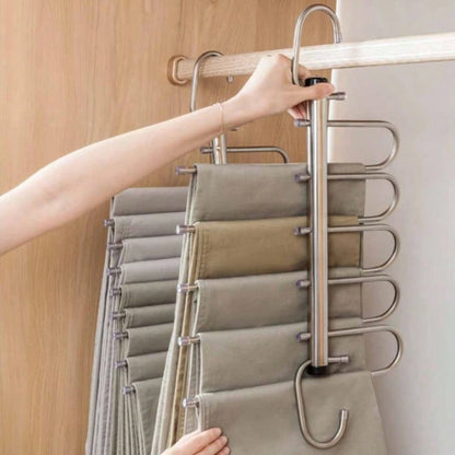 1pc Stainless Steel 6-Layer Magic Pants Hanger - With Anti-Slip Strips, Reinforced Thick Heavy-Duty Multi-Layer Pants Rack With No-Mark Magic Clips, Space-Saving Closet Organizer, Suitable For Rod/Cei
