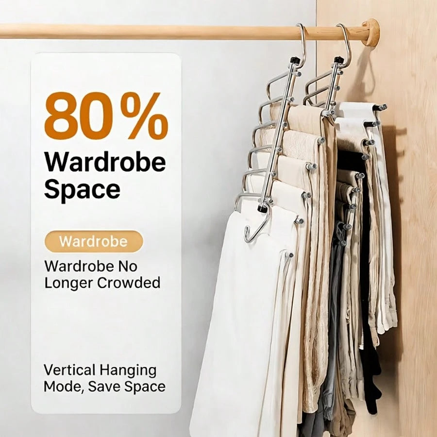 1pc Stainless Steel 6-Layer Magic Pants Hanger - With Anti-Slip Strips, Reinforced Thick Heavy-Duty Multi-Layer Pants Rack With No-Mark Magic Clips, Space-Saving Closet Organizer, Suitable For Rod/Cei